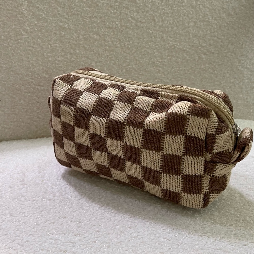 Brand new** brown checkered cosmetic bag